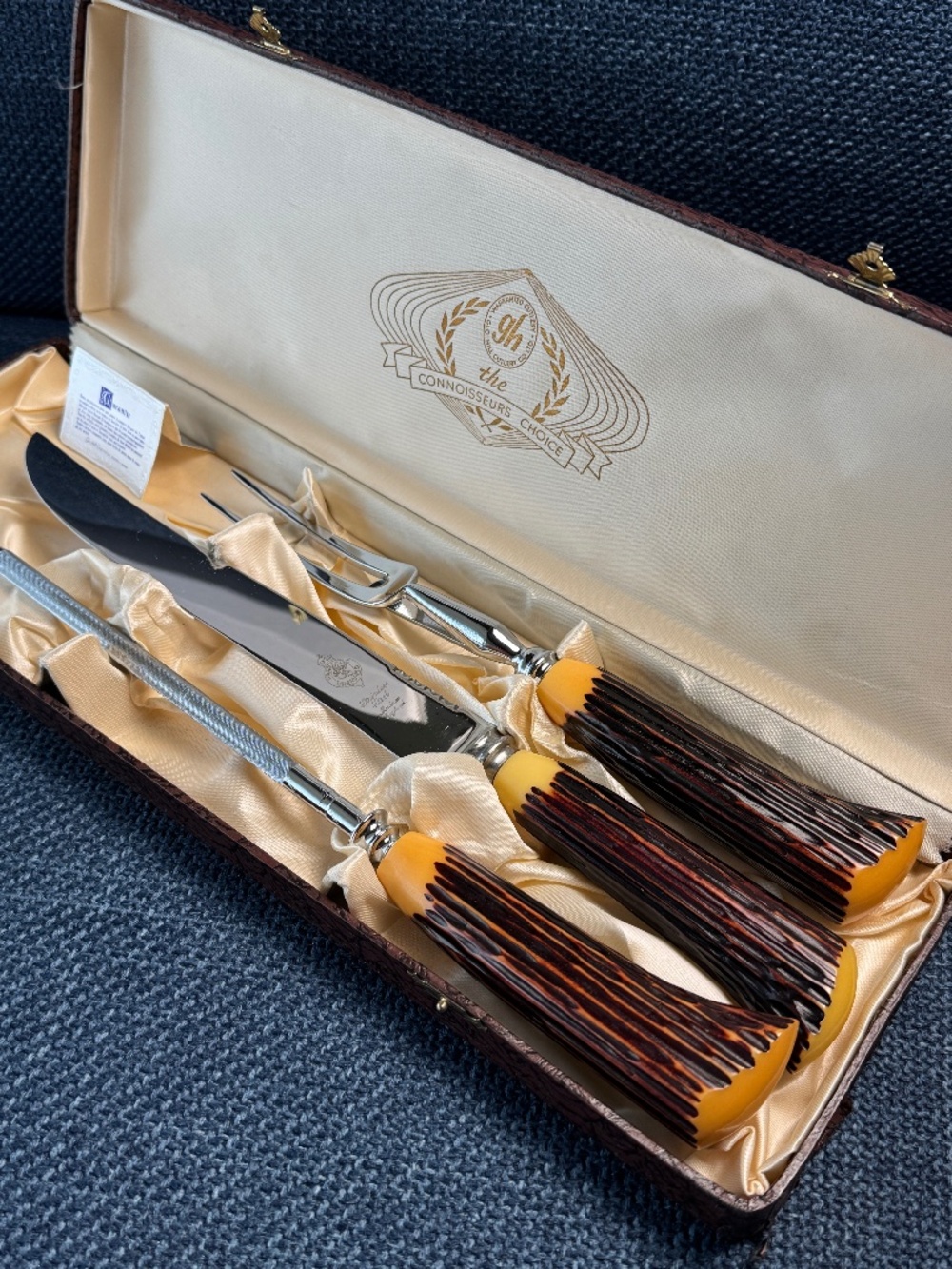 Glo-Hill Bakelite Carving Knife Fork Sharpener Butterscotch/Brown Grain Box Set